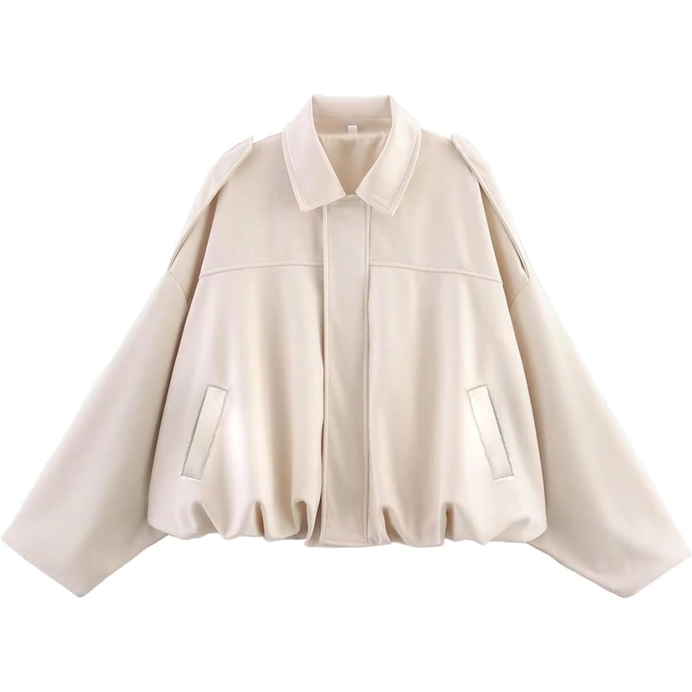 image:imageWomens Faux Suede Bomber Jacket Oversized Long Sleeve Cropped Coat Lightweight Going Out Suede Jackets 2 Pockets Lapel Collar Batwing Sleeve Zip up Outerwear for Casual Daily VacationBeige