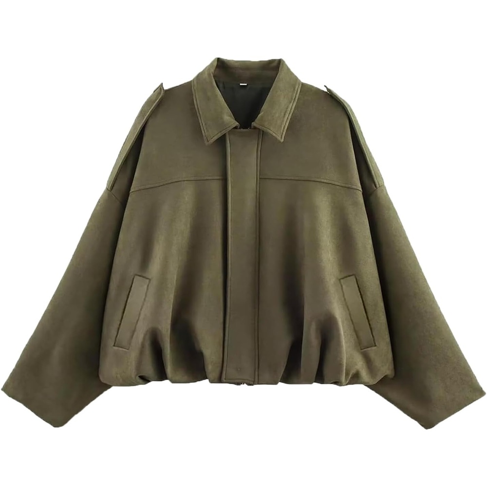 image:imageWomens Faux Suede Bomber Jacket Oversized Long Sleeve Cropped Coat Lightweight Going Out Suede Jackets 2 Pockets Lapel Collar Batwing Sleeve Zip up Outerwear for Casual Daily VacationGreen
