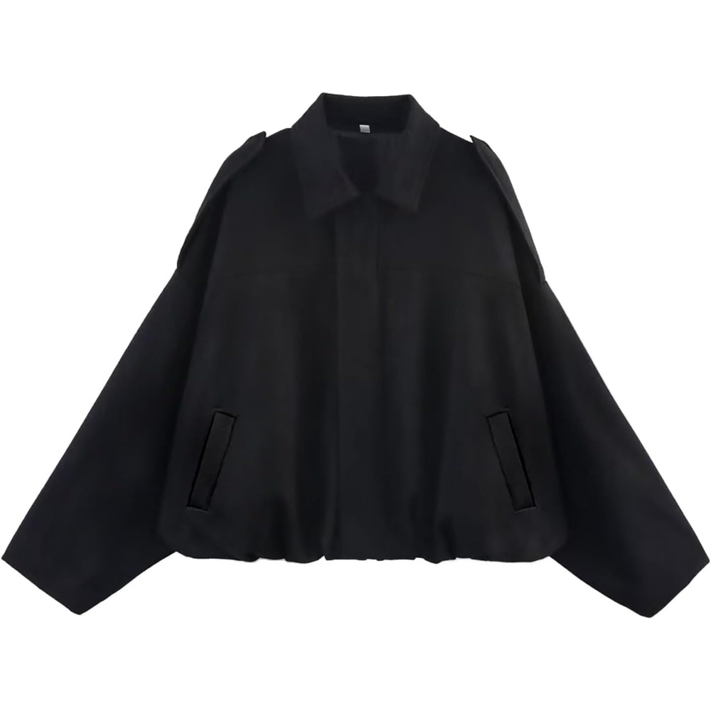 image:imageWomens Faux Suede Bomber Jacket Oversized Long Sleeve Cropped Coat Lightweight Going Out Suede Jackets 2 Pockets Lapel Collar Batwing Sleeve Zip up Outerwear for Casual Daily VacationBlack
