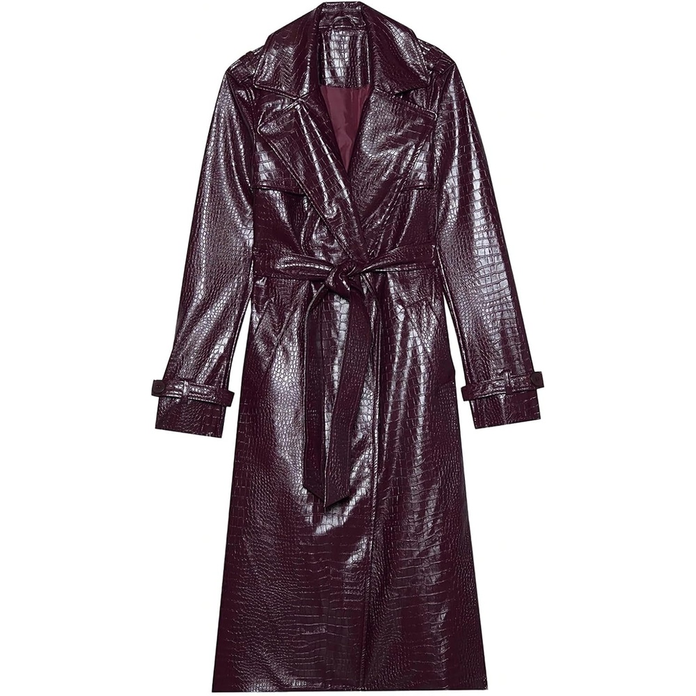 image:imageWomens Long Leather Jacket Trench Coat with Belt Womens Long Leather Jackets Trench Coat Blazer Lapel Button Open Front Faux Motorcycle Jackets Coat with BeltWine Red