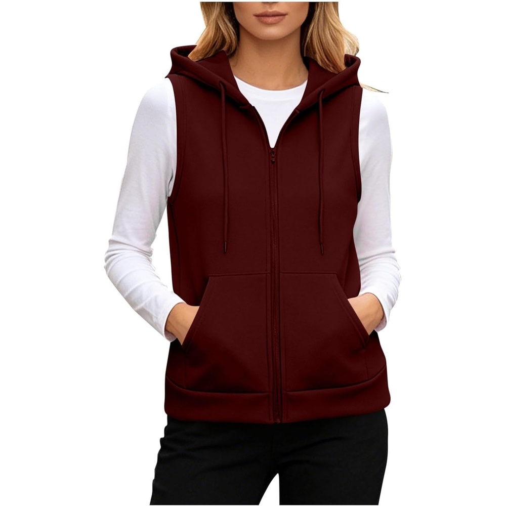 image:imageWomens Oversized Zip Up Sweatshirts Sleeveless Hoodie Lightweight Jackets Vest Plus Size Fall Lightweight CoatWine