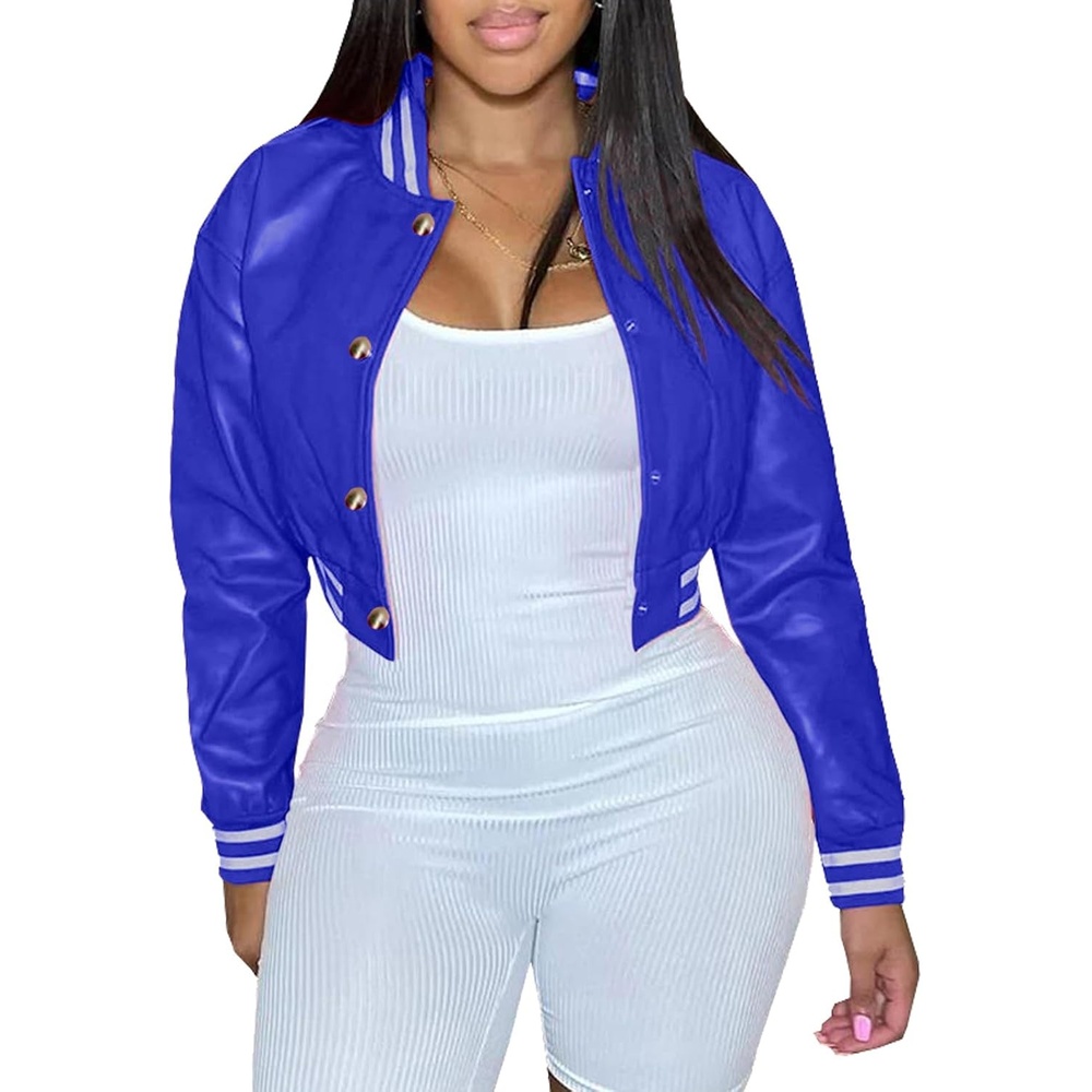 image:imageXaspee Womens Faux Leather Varsity Jacket Cropped Baseball Bomber Jacket Faux Leather Varsity Jacket With 2 Side Pockets Snap Button Closure Relaxed Fit For Casual StreetwearBlue
