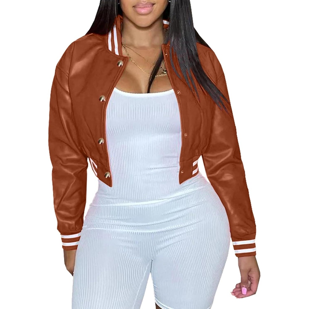 image:imageXaspee Womens Faux Leather Varsity Jacket Cropped Baseball Bomber Jacket Faux Leather Varsity Jacket With 2 Side Pockets Snap Button Closure Relaxed Fit For Casual StreetwearBrown