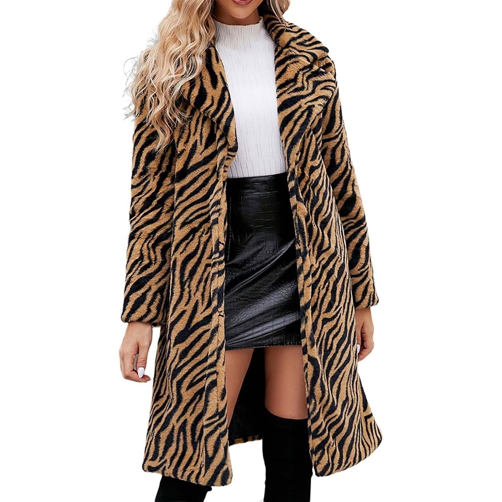 image:imageZHOUYF Women Faux Fur Winter Coats Warm Chunky Long Cardigan Jackets Zebra Print Thick Overcoat Fleece Furry Shaggy OuterwearBrown