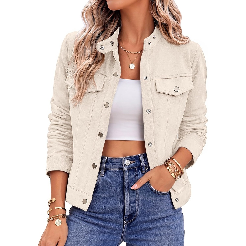 image:imageZeagoo Faux Suede Jackets for Women Motorcycle Bomber Coats Long Sleeve Going Out Suede JacketButton Down Collared ShacketTrendy StreetwearCasual Outerwear for SpringFall and WinterBeige