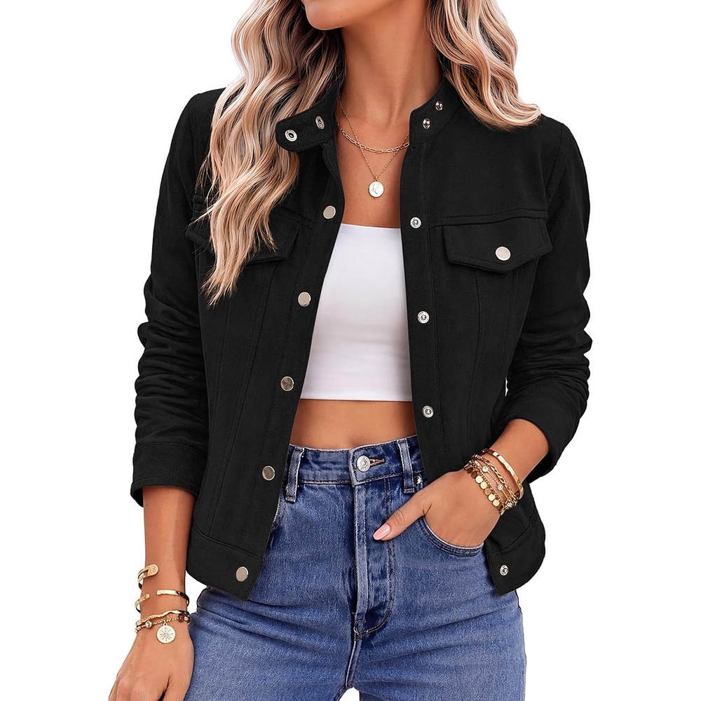 image:imageZeagoo Faux Suede Jackets for Women Motorcycle Bomber Coats Long Sleeve Going Out Suede JacketButton Down Collared ShacketTrendy StreetwearCasual Outerwear for SpringFall and WinterBlack