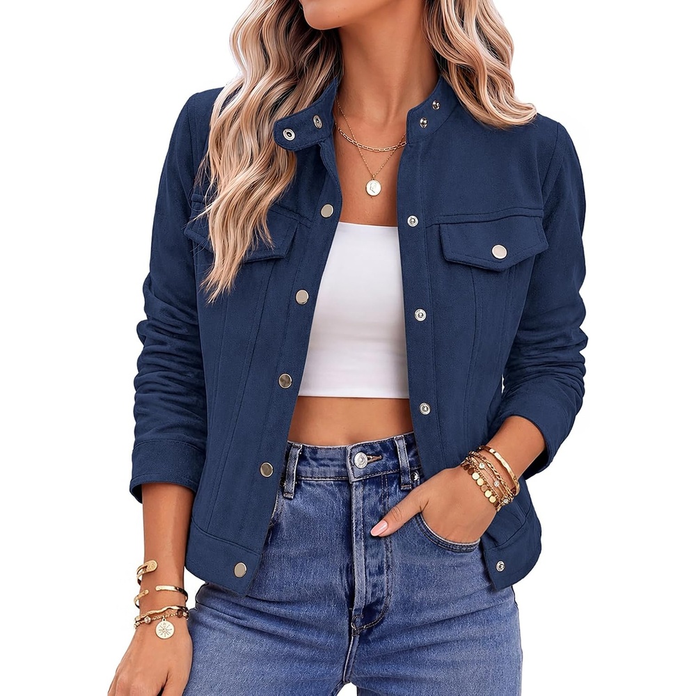 image:imageZeagoo Faux Suede Jackets for Women Motorcycle Bomber Coats Long Sleeve  Going Out Suede JacketButton Down Collared ShacketTrendy StreetwearCasual Outerwear for SpringFall and WinterNavy