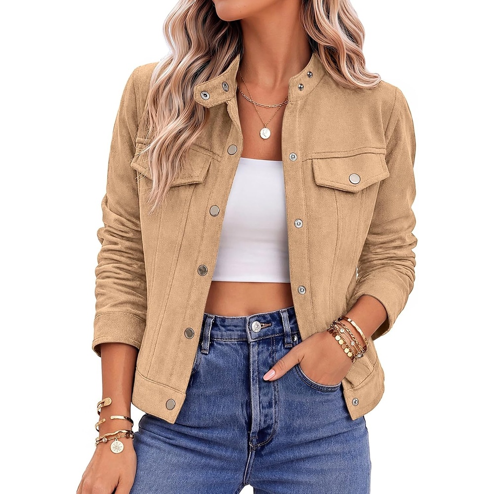 image:imageZeagoo Faux Suede Jackets for Women Motorcycle Bomber Coats Long Sleeve Going Out Suede JacketButton Down Collared ShacketTrendy StreetwearCasual Outerwear for SpringFall and WinterLight Khaki
