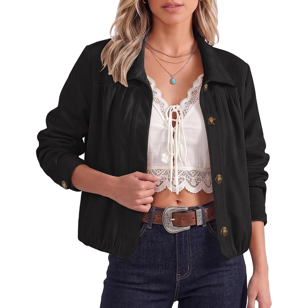 image:imageluvamia Faux Suede Jackets for Women Long Sleeve Button Up Bubble Coat Funnel Neck Short Jacket Elastic Bubble Hem Front Pockets Western Trendy Outerwear Stretchy Dressy Casual Fall OutfitsBlack