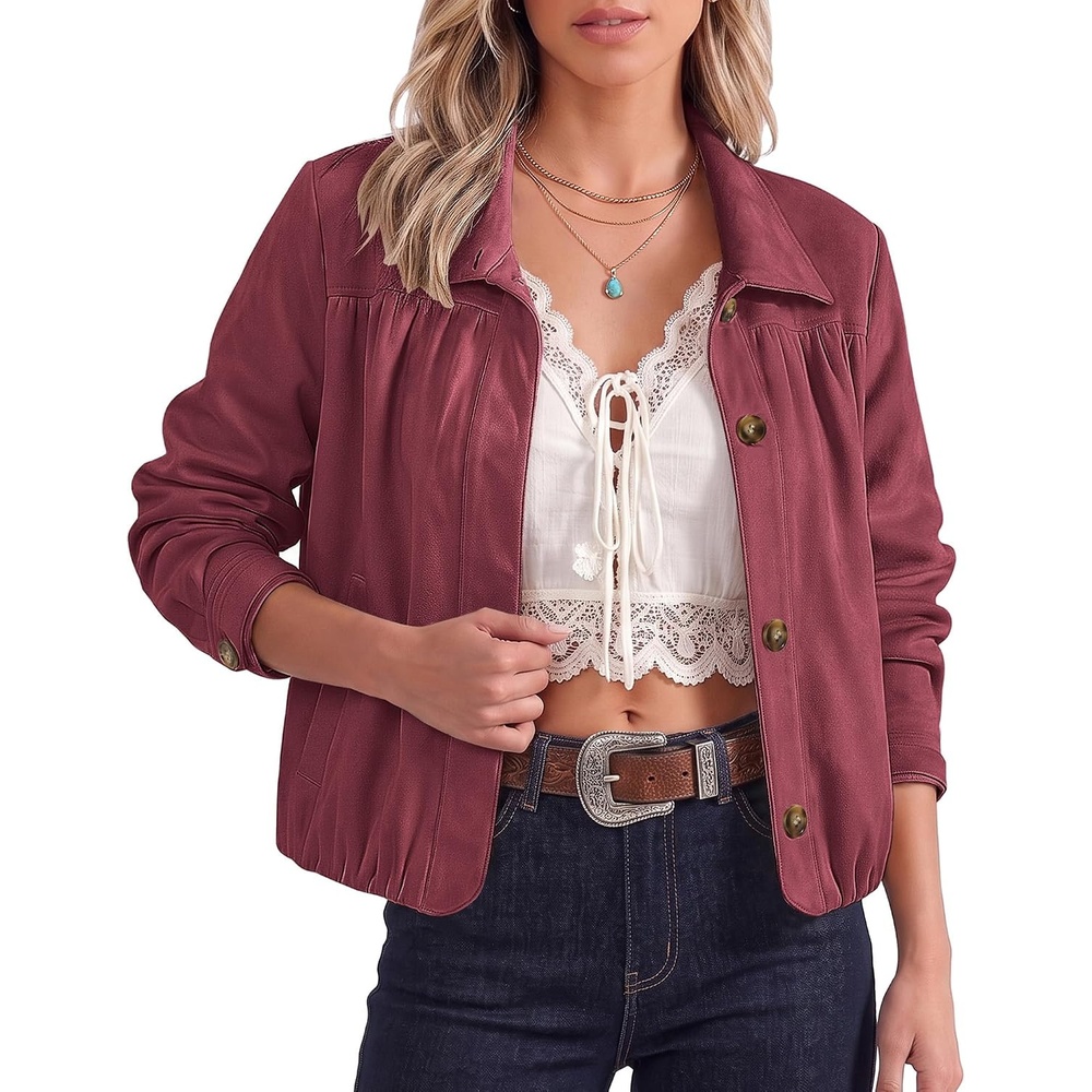 image:imageluvamia Faux Suede Jackets for Women Long Sleeve Button Up Bubble Coat Funnel Neck Short Jacket Elastic Bubble Hem Front Pockets Western Trendy Outerwear Stretchy Dressy Casual Fall OutfitsWine Red