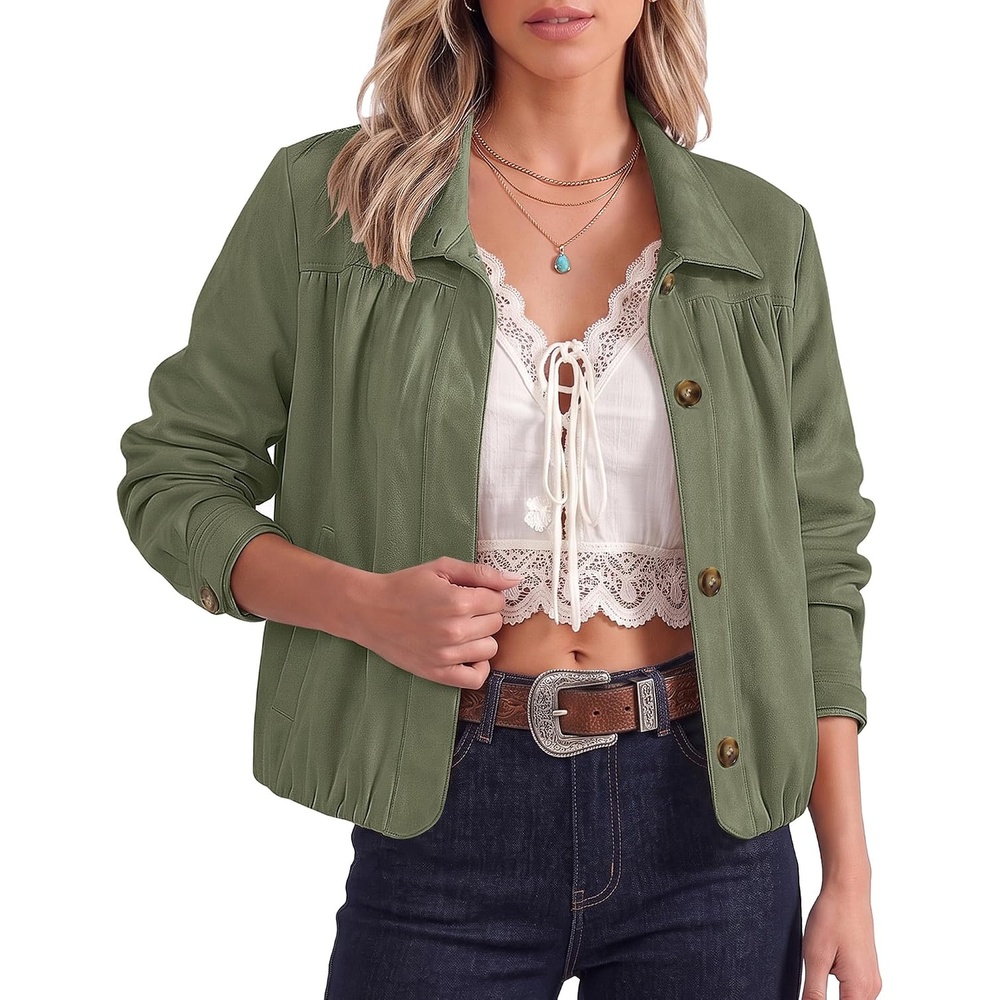 image:imageluvamia Faux Suede Jackets for Women Long Sleeve Button Up Bubble Coat Funnel Neck Short Jacket Elastic Bubble Hem Front Pockets Western Trendy Outerwear Stretchy Dressy Casual Fall OutfitsArmy Green