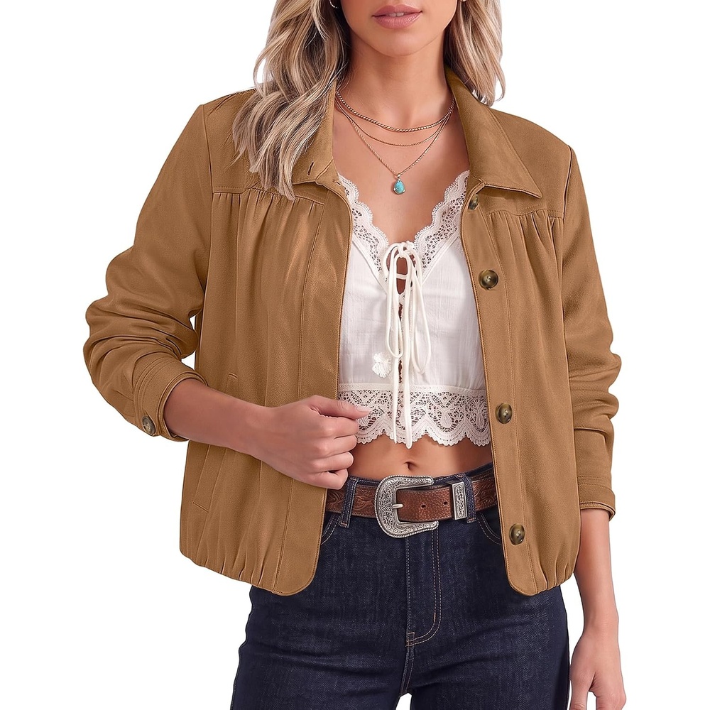 image:imageluvamia Faux Suede Jackets for Women Long Sleeve Button Up Bubble Coat Funnel Neck Short Jacket Elastic Bubble Hem Front Pockets Western Trendy Outerwear Stretchy Dressy Casual Fall OutfitsBrown