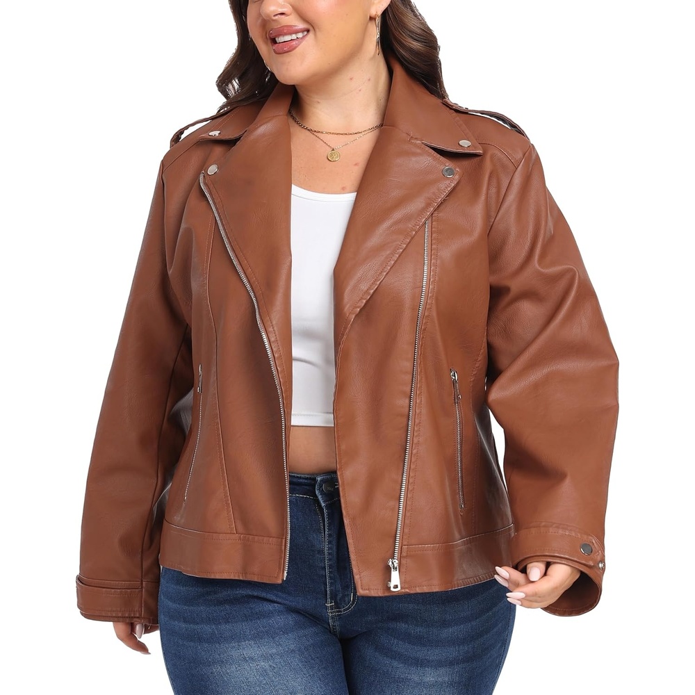 image:imagewantdo Womens Plus Size Faux Leather Jacket Motorcycle Biker Jacket Lapel Collar Cropped Leather JacketWestern Style for Daily OutingsBusiness CasualMotorcycle Riding amp Outdoor ActivitiesBrown
