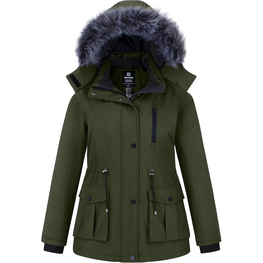 image:imagewantdo Womens Plus Size Winter Coat Waterproof Puffer Parka Jacket Hood Heavyweight Winter ParkaRemovable Faux Fur HoodWindproofWinter Coats for Snowy Cold WeatherOutampInterior MultipocketsArmy Green