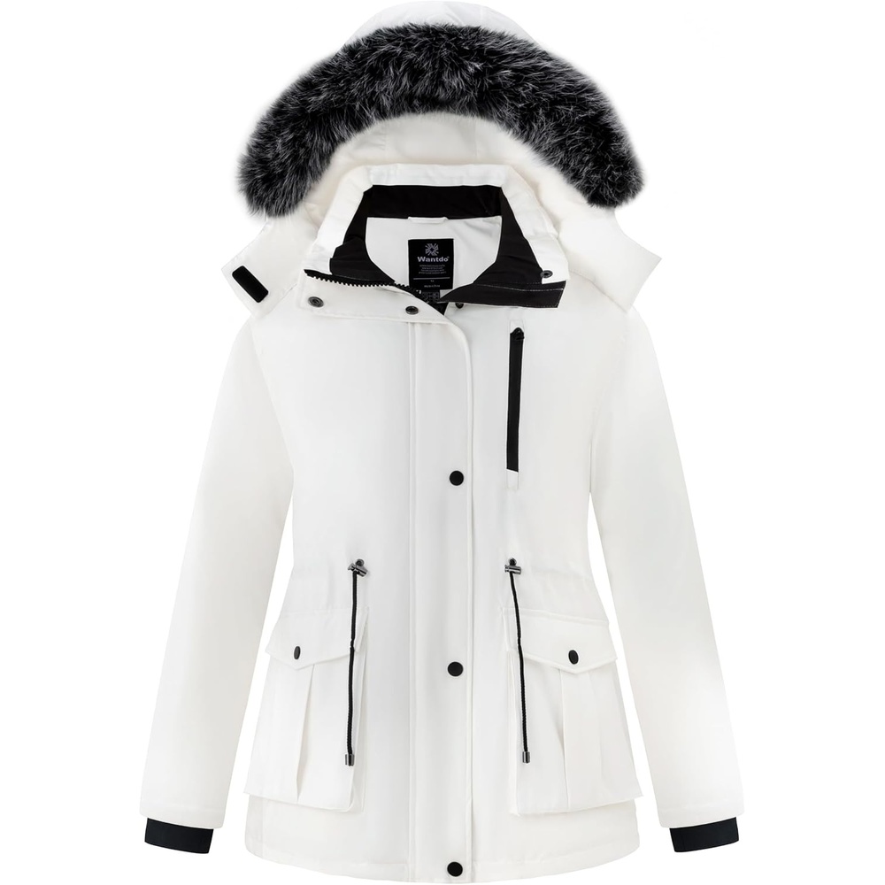 image:imagewantdo Womens Plus Size Winter Coat Waterproof Puffer Parka Jacket Hood Heavyweight Winter ParkaRemovable Faux Fur HoodWindproofWinter Coats for Snowy Cold WeatherOutampInterior MultipocketsWhite