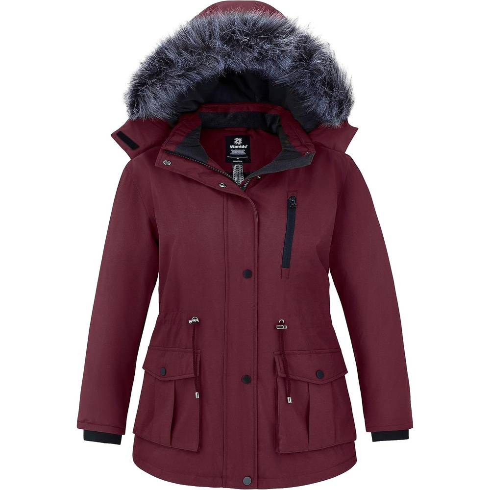image:imagewantdo Womens Plus Size Winter Coat Waterproof Puffer Parka Jacket Hood  Heavyweight Winter ParkaRemovable Faux Fur HoodWindproofWinter Coats for Snowy Cold WeatherOutampInterior MultipocketsWine Red