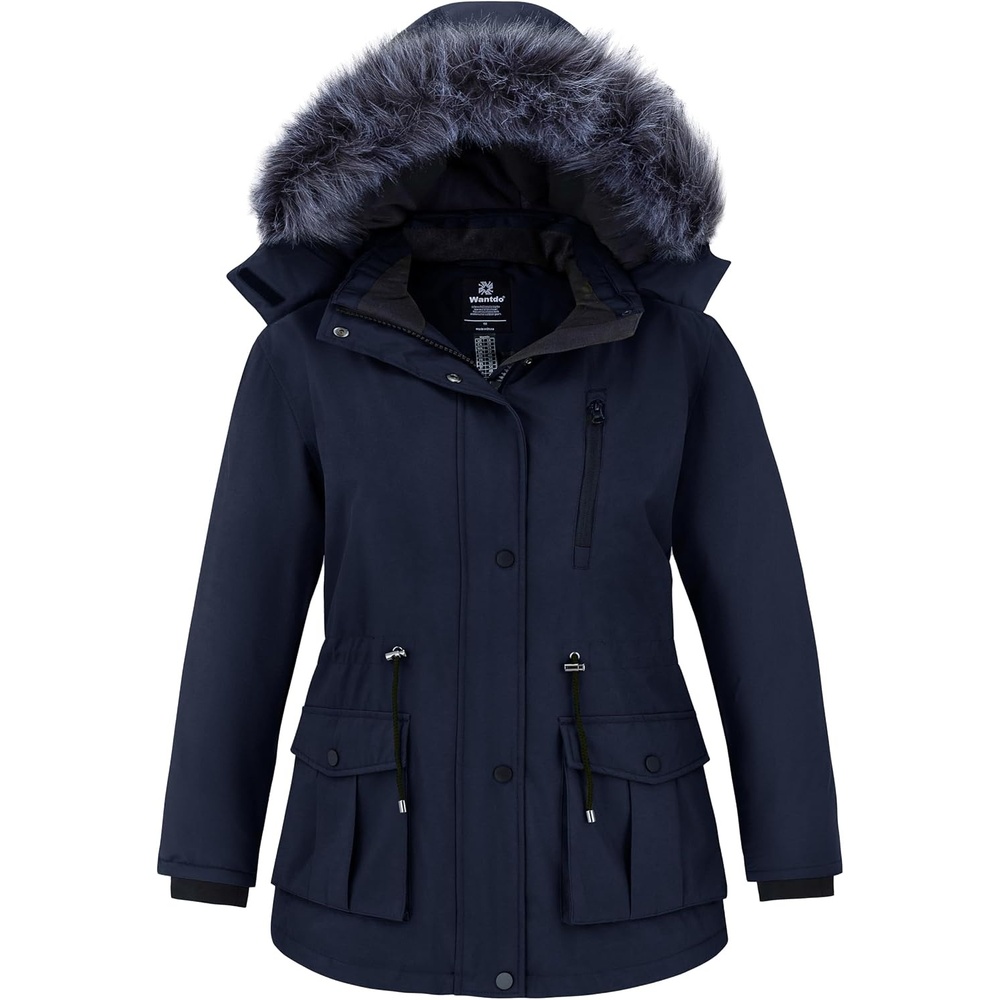 image:imagewantdo Womens Plus Size Winter Coat Waterproof Puffer Parka Jacket Hood Heavyweight Winter ParkaRemovable Faux Fur HoodWindproofWinter Coats for Snowy Cold WeatherOutampInterior MultipocketsNavy