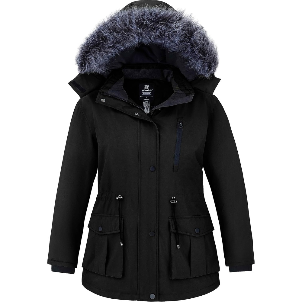 image:imagewantdo Womens Plus Size Winter Coat Waterproof Puffer Parka Jacket Hood Heavyweight Winter ParkaRemovable Faux Fur HoodWindproofWinter Coats for Snowy Cold WeatherOutampInterior MultipocketsBlack