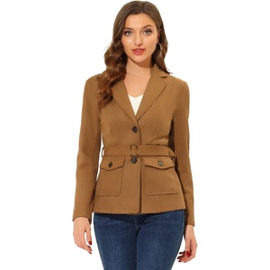 Allegra K Women’s Faux Suede Blazer Belted Work Suit Jacket with Pockets | Long Sleeve Button Down Collared Blazers, Professional Business Casual Outfits for Fall Winter(Brown)
