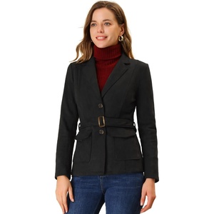 Allegra K Women’s Faux Suede Blazer Belted Work Suit Jacket with Pockets | Long Sleeve Button Down Collared Blazers, Professional Business Casual Outfits for Fall Winter(Black)