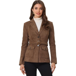 Allegra K Women’s Faux Suede Blazer Belted Work Suit Jacket with Pockets | Long Sleeve Button Down Collared Blazers, Professional Business Casual Outfits for Fall Winter(Dark Brown)