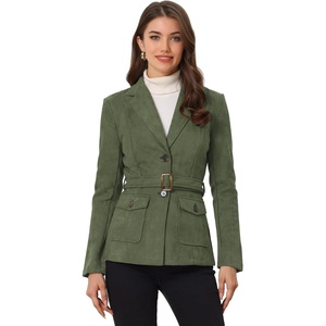 Allegra K Women’s Faux Suede Blazer Belted Work Suit Jacket with Pockets | Long Sleeve Button Down Collared Blazers, Professional Business Casual Outfits for Fall Winter(Army Green)