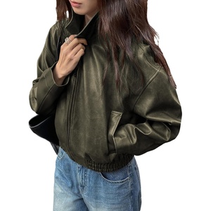 BEAUDRM Women’s Y2K Faux Leather Jacket Zip Up Crop Bomber Jacket Going Out Motor Bike Motorcycle Coat Streetwear with Pocket(Army Green)