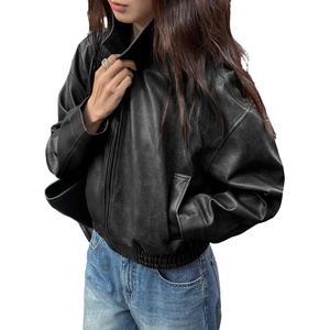 BEAUDRM Women’s Y2K Faux Leather Jacket Zip Up Crop Bomber Jacket Going Out Motor Bike Motorcycle Coat Streetwear with Pocket(Solid Black)