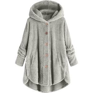 Beessbest Women Fleece Jacket Button Down Sherpa Hooded Coat | Teddy Bear Jacket for Women Long Sleeve Solid Hoodies Oversized Fluffy Pajamas Coats Fall Winter Warm Outerwear with Pocket(Gray)