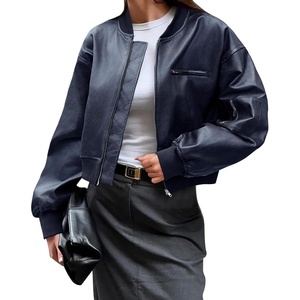Cicy Bell Womens Faux Leather Bomber Jacket Cropped Biker Coat with Pockets | Zip up, Boyfriend style,Oversized(Dark Blue)
