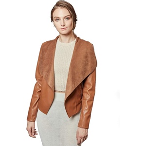 Escalier Women’s Faux Leather Jacket Slim Open Front Lapel Blazer Jackets | Soft and Flattering, Cropped Design, 2 Pockets with Metal Zippers, Easy Layering, Professional or Casual, Going Out Outfits(Brown)