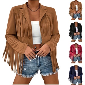 Fringe Jacket Women Faux Suede Leather Jackets Vintage Tassel Cowgirl Coat | Tassel Motorcycle Cropped Coats Casual Open Front Western Tassel Coat Long Sleeve Fall Winter Jacket Outwear(Brown)