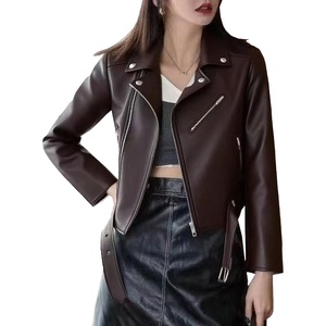 JEKE-DG Women’s Casual Blazer Collar Fashion Coat Vintage Biker Spring Fall Coat Jacket Faux Leather Zip Up Coats(Coffee 2)