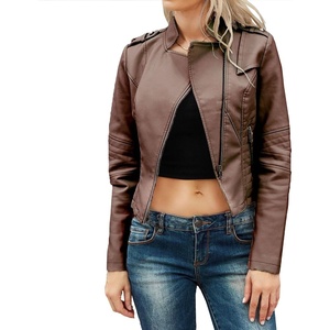 JEKE-DG Women’s Casual Blazer Collar Fashion Coat Vintage Biker Spring Fall Coat Jacket Faux Leather Zip Up Coats(Coffee 3)