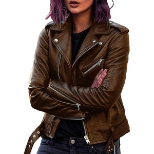 JEKE-DG Women’s Casual Blazer Collar Fashion Coat Vintage Biker Spring Fall Coat Jacket Faux Leather Zip Up Coats(Coffee)
