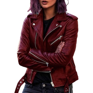 JEKE-DG Women’s Casual Blazer Collar Fashion Coat Vintage Biker Spring Fall Coat Jacket Faux Leather Zip Up Coats(Red)