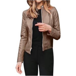 JiXiang Leather Bomber Jacket Women Cropped Lightweight Faux Leather Motorcycle Jackets Zip Up PU Elegant Moto Biker Outwear(1-khaki)