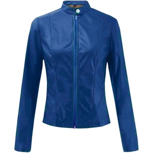 JiXiang Leather Bomber Jacket Women Cropped Lightweight Faux Leather Motorcycle Jackets Zip Up PU Elegant Moto Biker Outwear(3-blue)