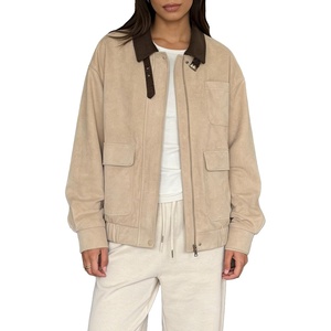 Ladyful Women’s Faux Suede Leather Jacket Casual Fall Winter Oversized Bomber Barn Coat Corduroy Collar Trendy Outerwear(Khaki)