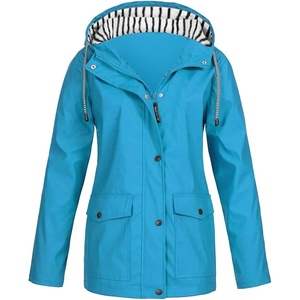 NAMTYQX Womens Hooded Raincoat Lightweight Fit Plus Size Waterproof Dressy Zip up Rain Jacket Windbreaker with Pockets(#03sky Blue)