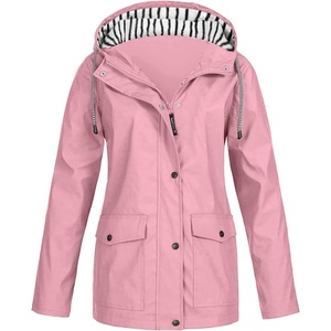 NAMTYQX Womens Hooded Raincoat Lightweight Fit Plus Size Waterproof Dressy Zip up Rain Jacket Windbreaker with Pockets(#05pink)