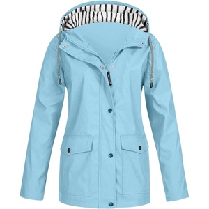 NAMTYQX Womens Hooded Raincoat Lightweight Fit Plus Size Waterproof Dressy Zip up Rain Jacket Windbreaker with Pockets(#10light Blue)
