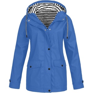 NAMTYQX Womens Hooded Raincoat Lightweight Fit Plus Size Waterproof Dressy Zip up Rain Jacket Windbreaker with Pockets(Light Blue)