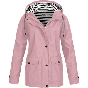 NAMTYQX Womens Hooded Raincoat Lightweight Fit Plus Size Waterproof Dressy Zip up Rain Jacket Windbreaker with Pockets(Pink)