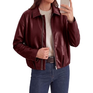 PRETTYGARDEN Faux Leather Motorcycle Jackets Womens Coat | Cropped, Zip Up Collared, Trendy Fall Outerwear, Gathered Hem, Winter Layering Clothes, Casual Going Out Date Night Outfit(Burgundy)