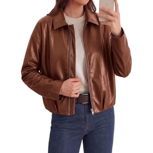 PRETTYGARDEN Faux Leather Motorcycle Jackets Womens Coat | Cropped, Zip Up Collared, Trendy Fall Outerwear, Gathered Hem, Winter Layering Clothes, Casual Going Out Date Night Outfit(Red Brown)