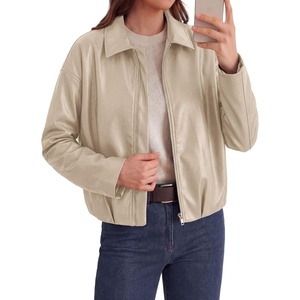 PRETTYGARDEN Faux Leather Motorcycle Jackets Womens Coat | Cropped, Zip Up Collared, Trendy Fall Outerwear, Gathered Hem, Winter Layering Clothes, Casual Going Out Date Night Outfit(Apricot)