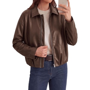 PRETTYGARDEN Faux Leather Motorcycle Jackets Womens Coat | Cropped, Zip Up Collared, Trendy Fall Outerwear, Gathered Hem, Winter Layering Clothes, Casual Going Out Date Night Outfit(Brown)