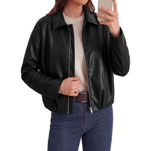 PRETTYGARDEN Faux Leather Motorcycle Jackets Womens Coat | Cropped, Zip Up Collared, Trendy Fall Outerwear, Gathered Hem, Winter Layering Clothes, Casual Going Out Date Night Outfit(Black)