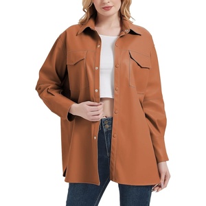 RISISSIDA Women Faux Leather Shacket Jacket,Pleather Shirts,Relaxed Fit | Brushed Lining,Flap Chest Pockets,Button Down,Premium Vegan Leather Blouse,Spring Fall Transitional(Brown)